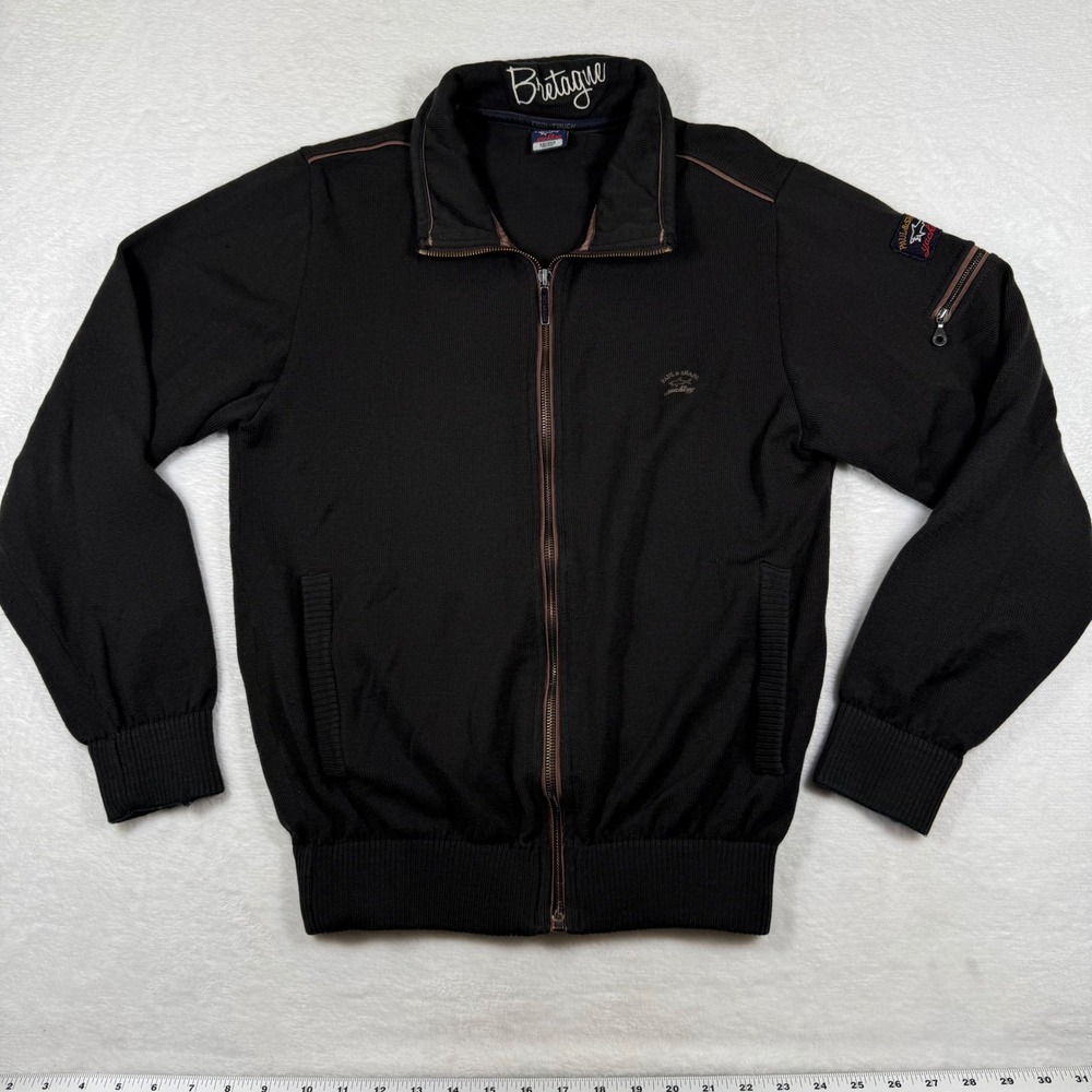 Paul & Shark Yachting Bretagne Black Full Zip Ribbed Knit Sweater Jacket S Wool‎